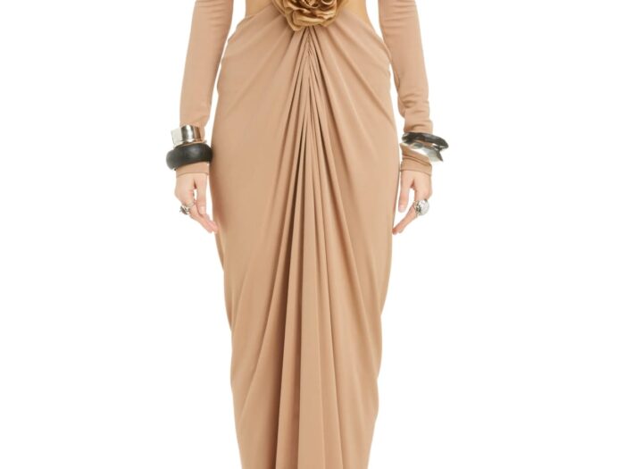 Cutout Waist Long Sleeve Jersey Gown
