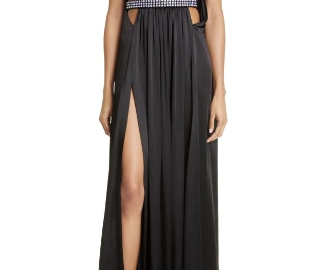 Crystal Embellished Cutout Pleated Satin Maxi Dress